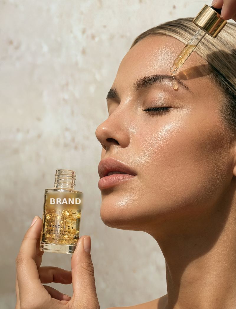 Same oil held by a model with glowing skin