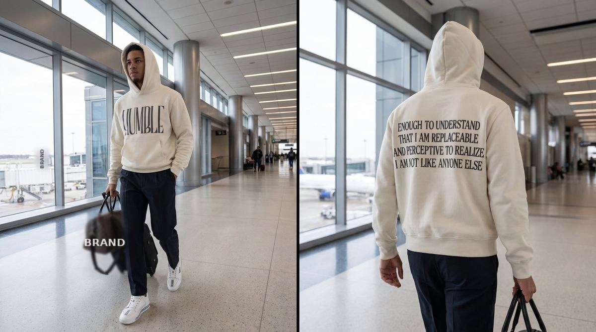 Same hoodie worn by a model walking through an airport, front and back