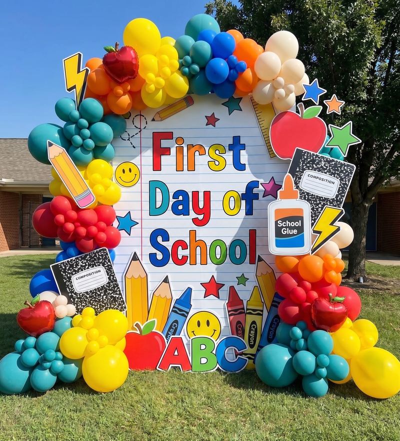Colorful balloon backdrop for a first day of school