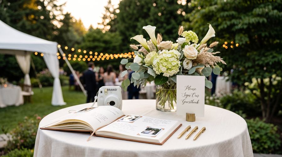 Wedding guestbook table with instant camera and flowers