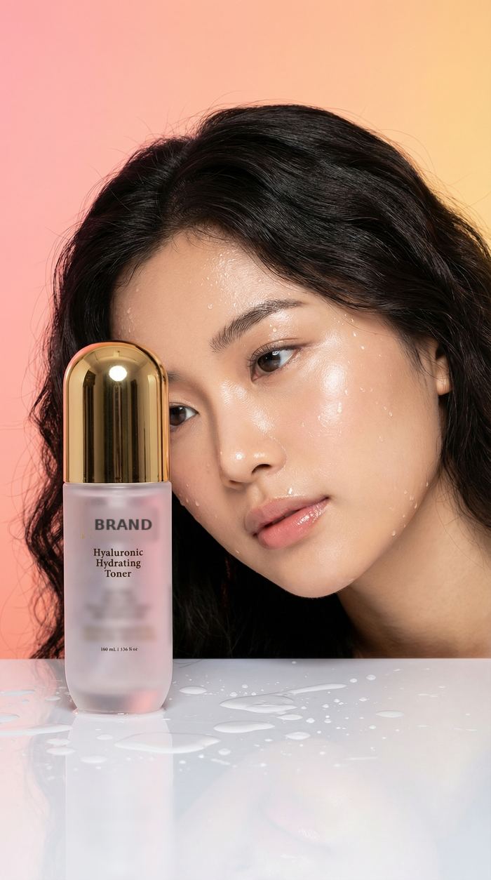 Hydrating toner bottle with a model with dewy skin