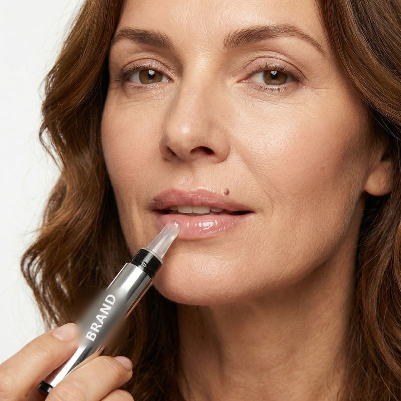 Mature model applying a lip plumper pen, skin close-up