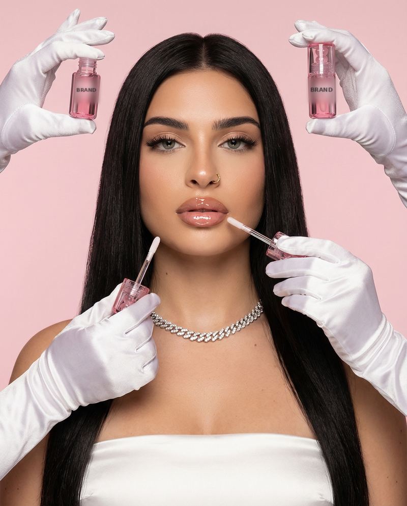 Beauty campaign with lip oil bottles held by gloved hands