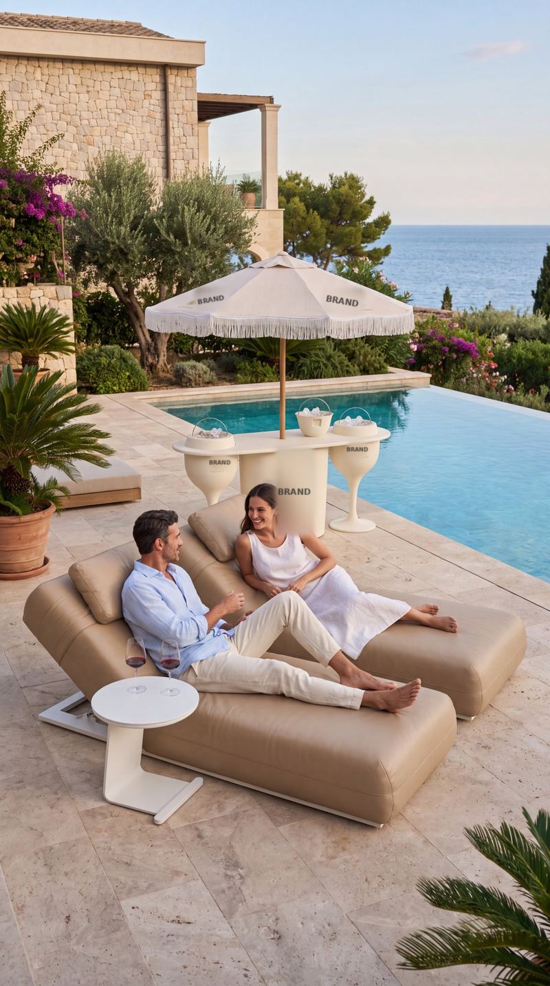 Same sunbed by a pool with a couple