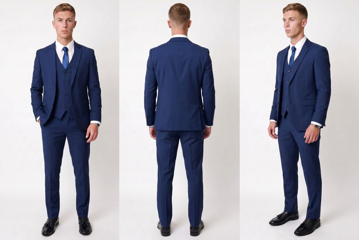 Three-piece suit on a model, front, back and side views