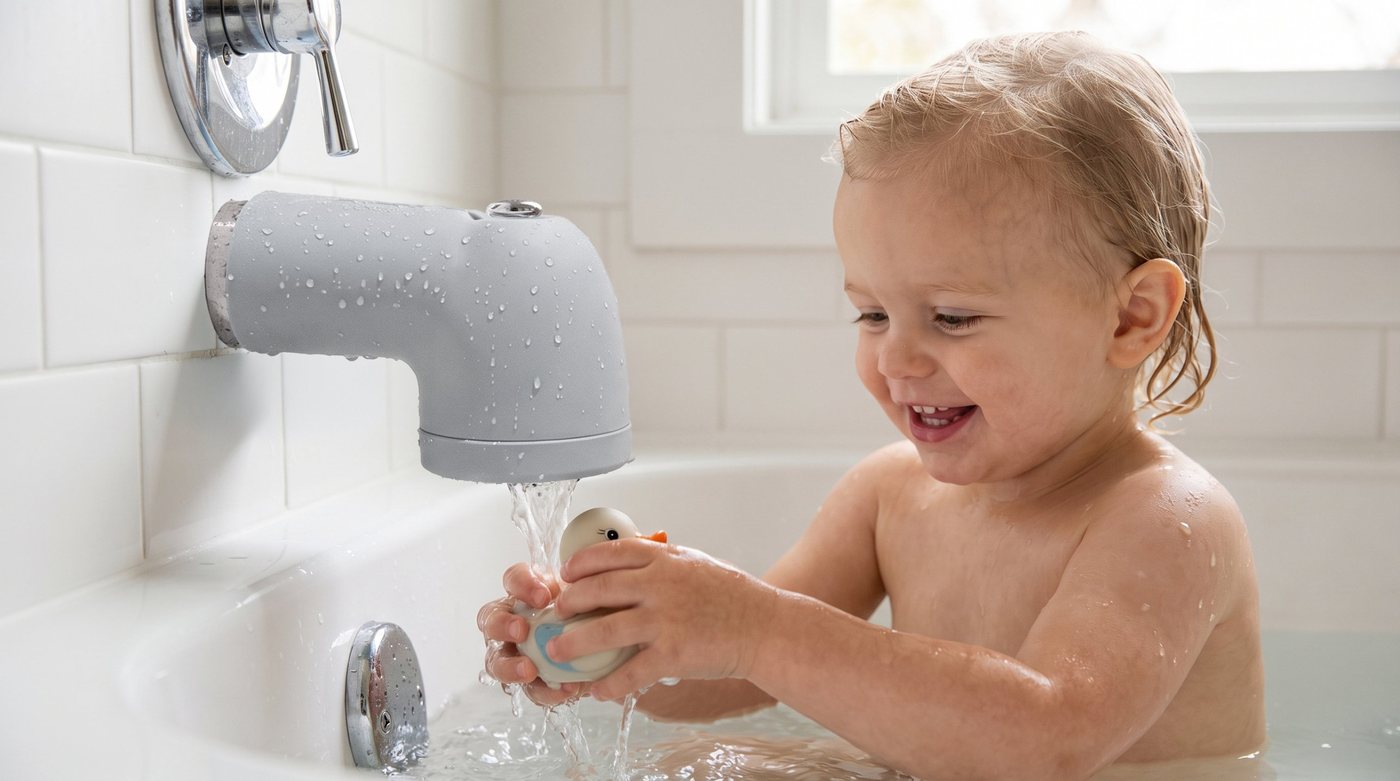 Same spout cover in a bath with a happy toddler