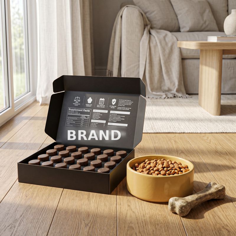 Open supplement box with soft chews in a living room