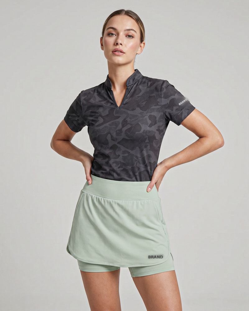 Activewear polo and skort on a model