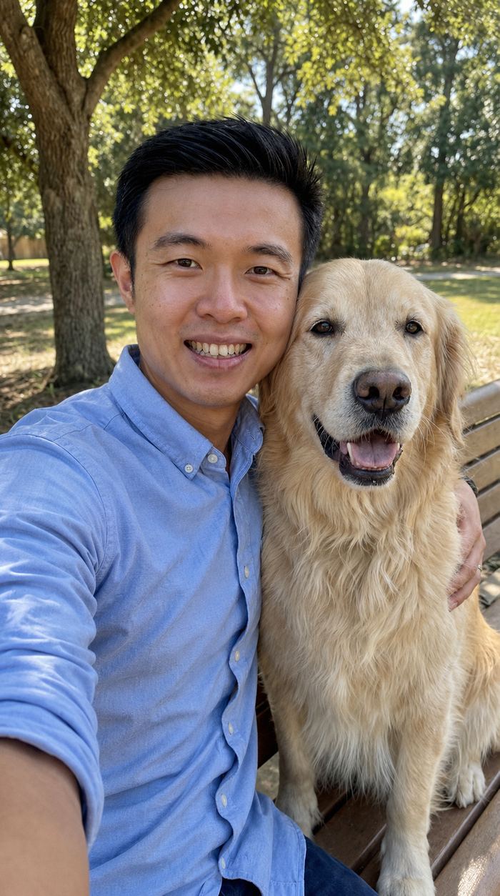 UGC style selfie of a man with his golden retriever