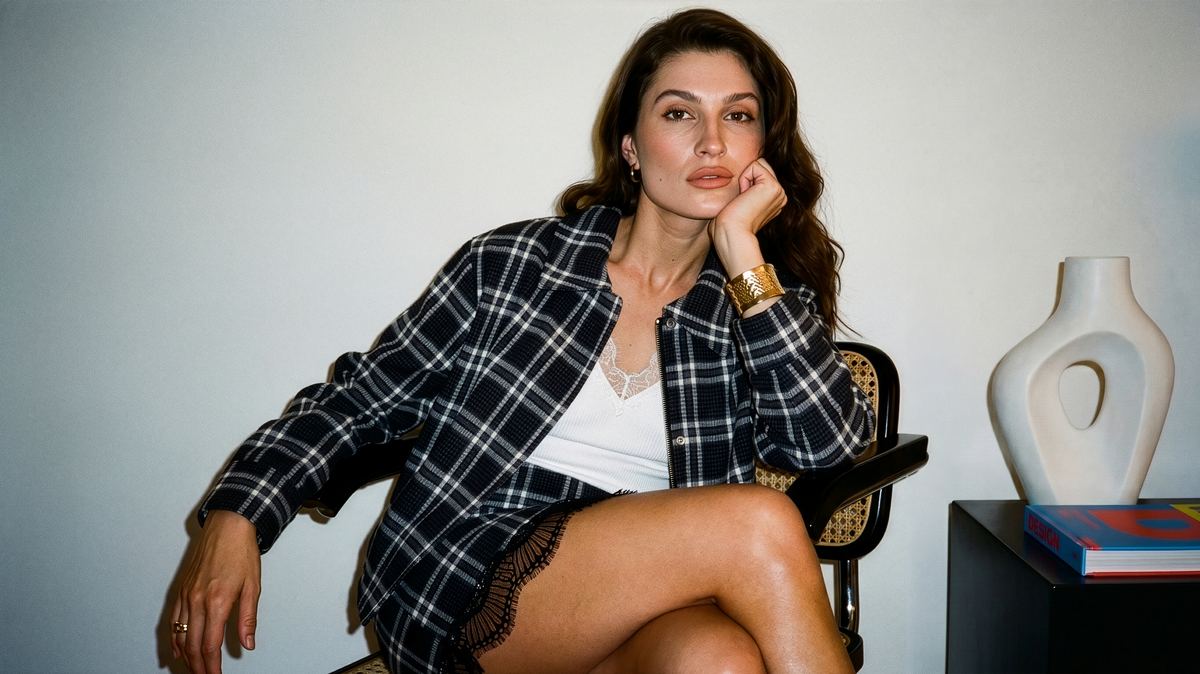 Editorial portrait in a plaid jacket with a gold cuff