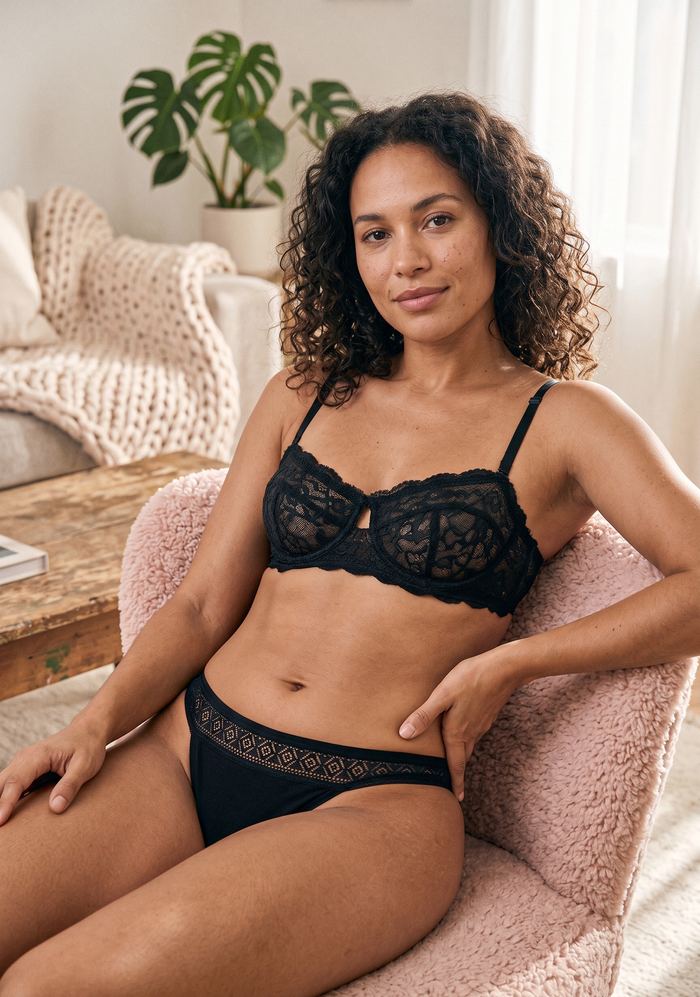 Black lace lingerie on a model in a cozy living room
