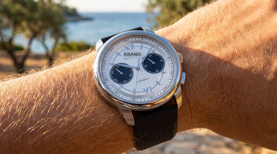 Chronograph watch on a wrist by the sea