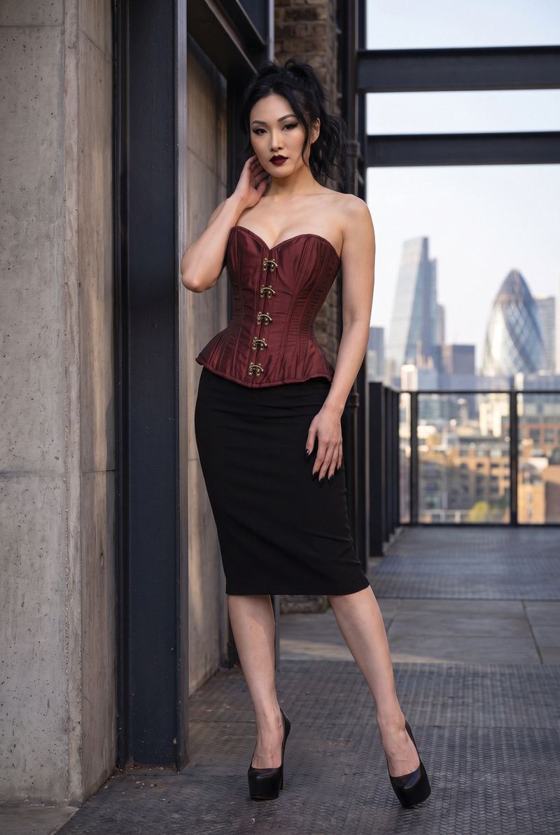 Same corset on a model, city rooftop
