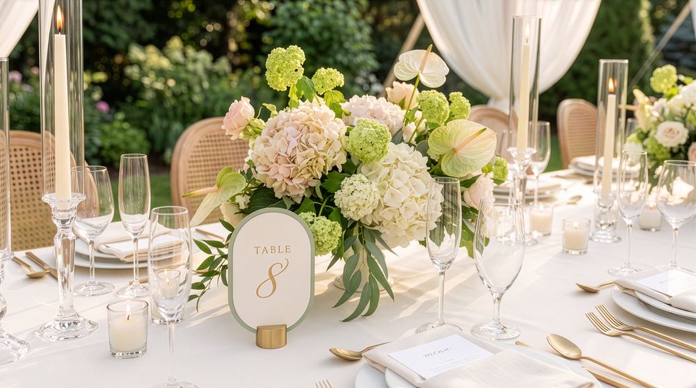 Wedding reception table with flowers and candles