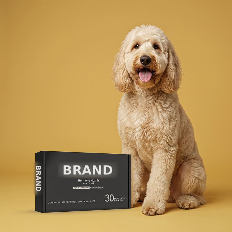Dog sitting next to a supplement box