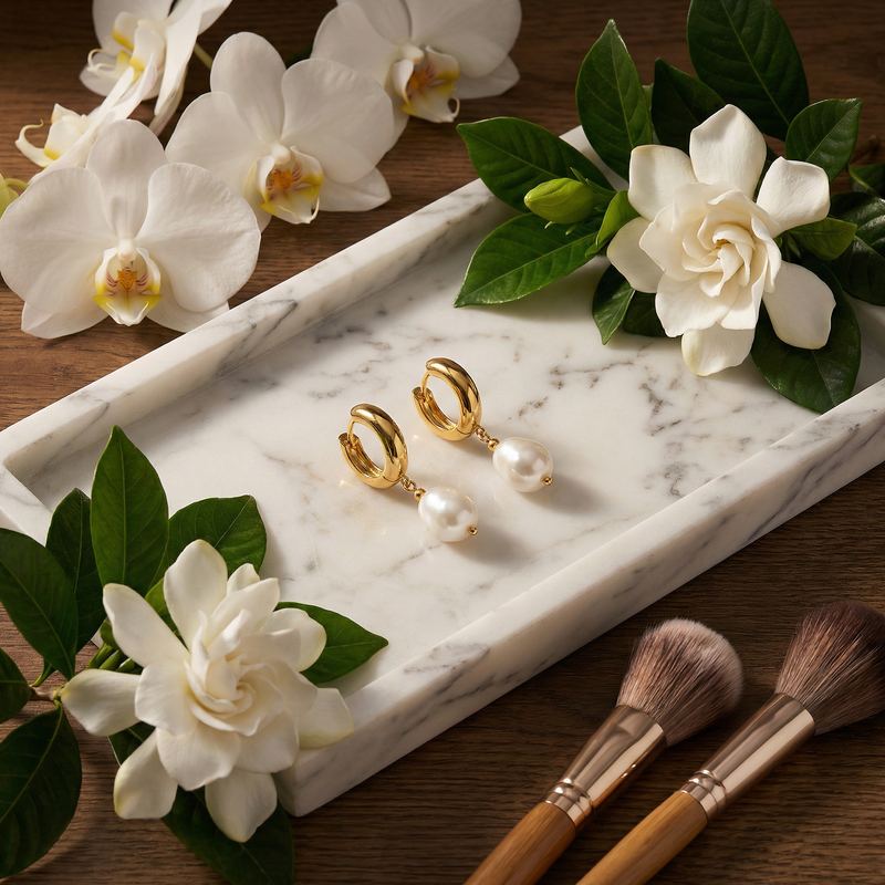 Gold huggie earrings with pearl drops on a marble tray